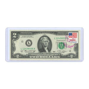 1976 $2 Two Dollar Bill - Stamped First Day Issue 4/13/1976 US Flag Stamp UNC.